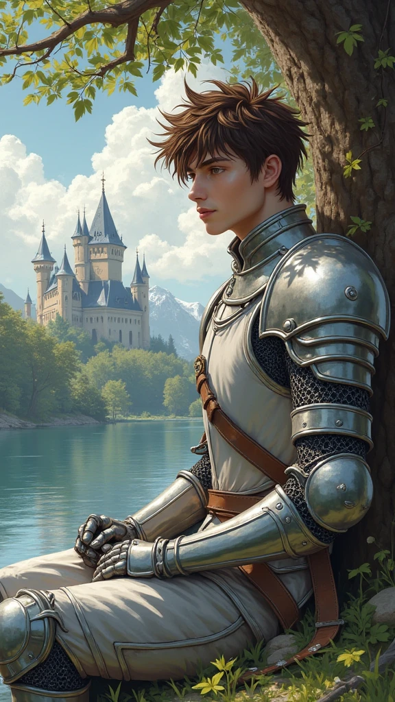 1man，alone，20s， male focus，Brown Anime Style Spiked Hair，Tall People，Finger Gloves ，silver and white knight armor，Brown eyes，Upper body，Sitting under a tree，look ahead，lake and castle background，Oil Painting Style