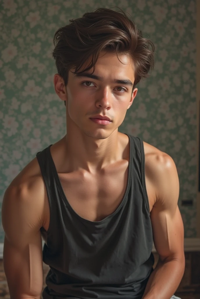 <lora:Aaron_Cohen_v1_GV:1>, handsome, young, twink, Cute young Jewish man. black hair, bright grey eyes. Adorable, nerdy, cute, 21 years old. Open Shirt. Pecs, abs, biceps He is magnificent and beautiful and facing the viewer directly. <lora:muscle_slider_v1:-2>