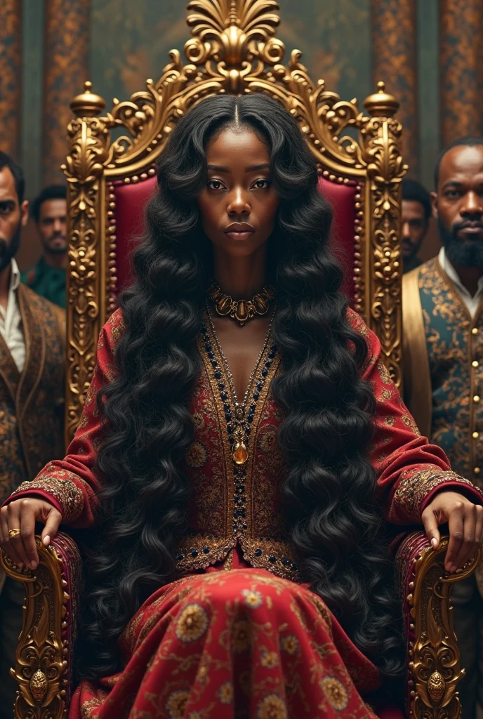 Black woman with extremely long textured hair sitting  on throne surrounded by men photorealistic epiCrealism 4k