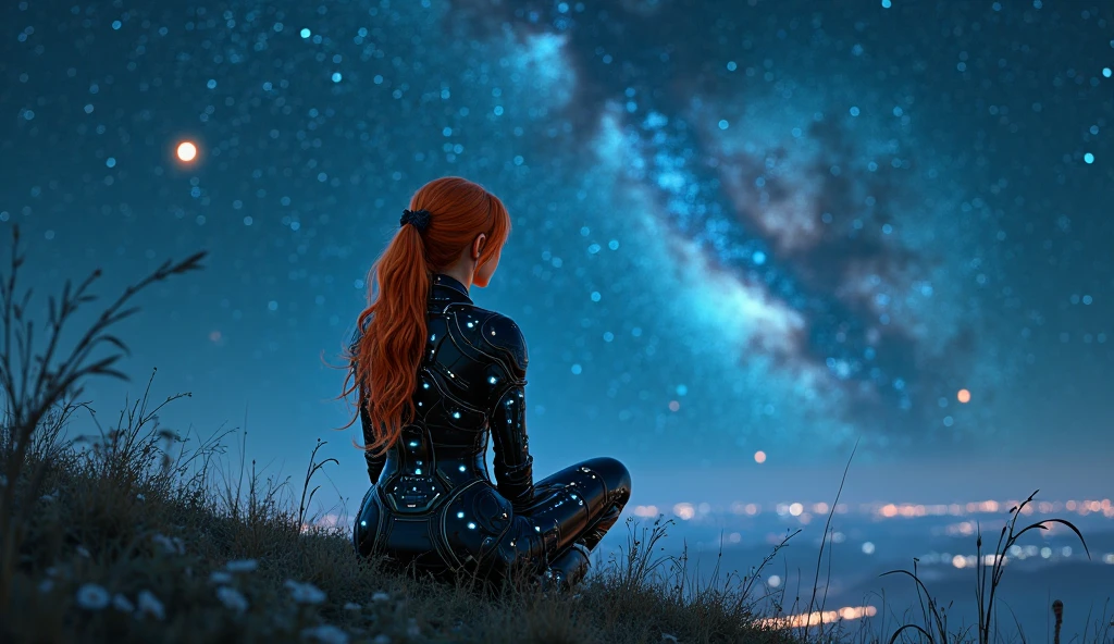 beautiful amber-haired woman, in black and azure cyberpunk suit, in black and neon suit, sitting on a small hill looking at the night sky, fflix_dmatter, back view, nights darkness, intricate circuits and sensors, photographic realism style, detailed textures, peacefulness, mysterious, milky way in the night sky