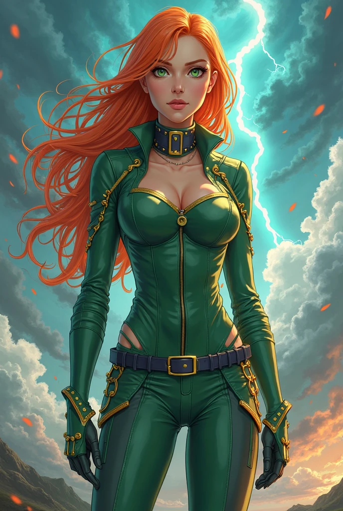 marvgirl2023, 1 girl, ginger hair, uhd, best quality, masterpiece, 5 fingers, closeup, full body, long hair, green short skirt, green eyes, yellow eye mask, yellow gloves, psychic, fiery battlefield, dramatic lighting, superpowers, telekinesis, big breasts, cleavage, photorealistic
