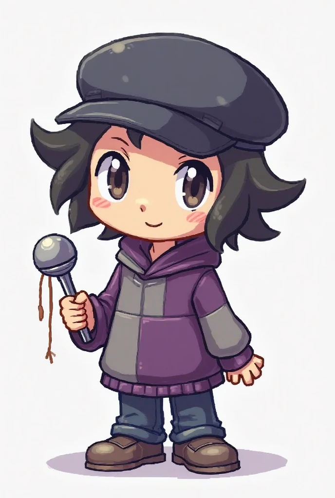 cassette_girl, 1girl, solo, long hair, smile, open mouth, simple background, black hair, long sleeves, hat, holding, standing, full body, shoes, shorts, hood, grey background, black eyes, hoodie, black shorts, hood down, bike shorts, sneakers, microphone, baseball cap, blue headwear, smoke, blue footwear, cigarette, smoking, drawstring, holding microphone, black hoodie, blue hoodie