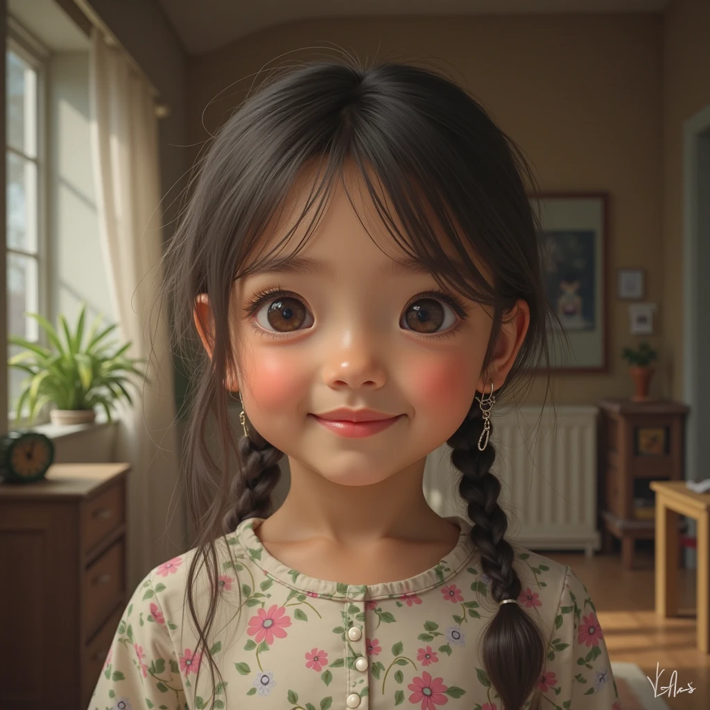 Realistic portrait of a seven year old , She wears a red dress . Your face is exploratory . He cautiously goes out into the garden of the house, A small cat is among the bushes and he touches it cautiously ,Not facing the camera,, The hair is messy ,