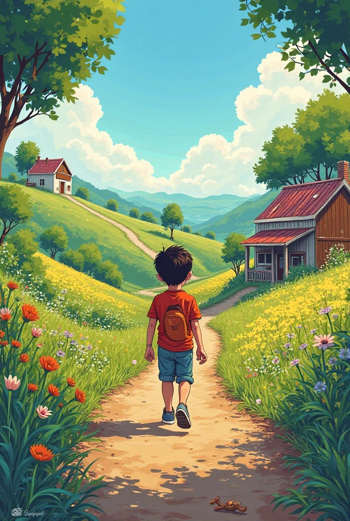 Generate a comic book about a boy in a rural area. Met en filtre de l'image le nom ENOK WISDOM 