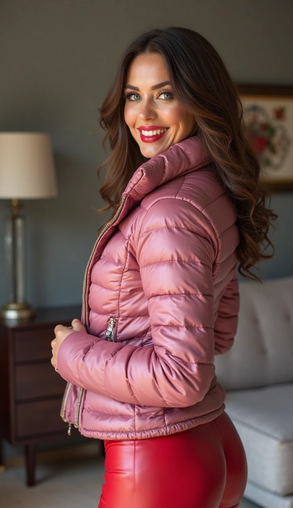 A 30-year-old American girl, white skin (body like Leana Lovings) and 15 centimeters long very curly red hair. Curly hair, wind curled bangs, highly detailed face, 8k, full body with almost curly wavy hair ((curly hair)), medium complexion body, cute smile, open mouth, perfect teeth, view from behind, looking at camera , ((on a lonely street)), detailed face, brown eyes, heart face. Soft and perfect skin. (((Pink dress, leather jacket)))