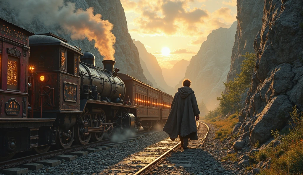 A fantasy traveler boards a magical train at a hidden mountain station, reminiscent of platform 9 ¾. The platform is nestled between two towering, mist-covered mountains. The train is an old, enchanted locomotive with glowing runes on its sides and smoke that sparkles with stardust. The traveler, wearing a rugged cloak and carrying a glowing scroll, steps onto the train with determination. The scene is lit by a golden sunset casting long shadows. A sense of mystery, destiny, and epic adventure. Cinematic lighting, dark fantasy style, high detail, inspired by The Lord of the Rings and classic fantasy art.