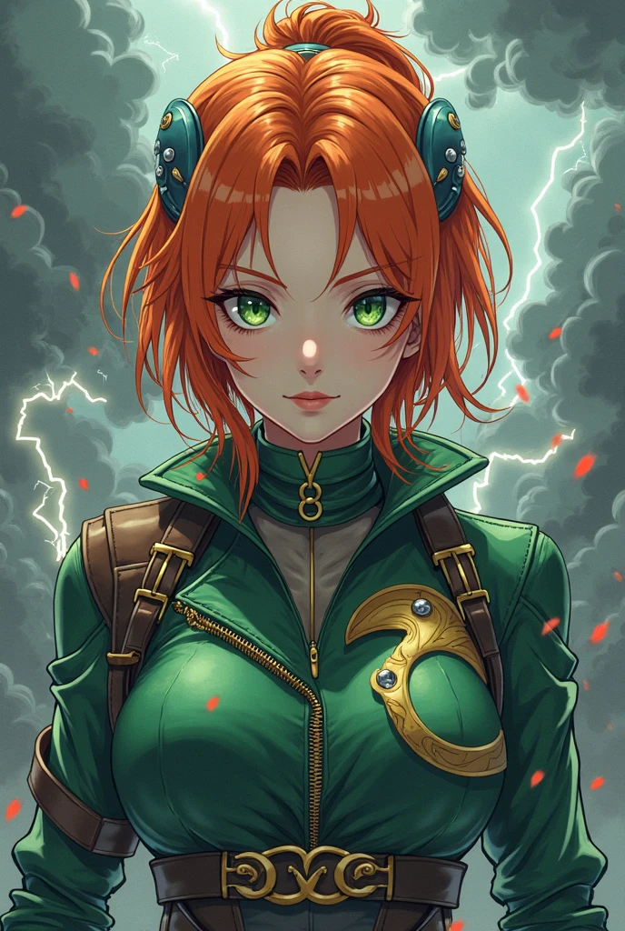 female anime character,23 anos,ORANGE hair,green eyes and white skin,green leather clothing With gold and blue details,With a storm behind ANIME 