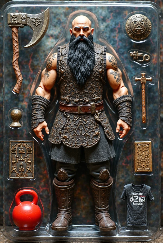 A muscular and powerful Viking warrior action figure of a tall bald man with a very long, thick black beard and glowing ancient runic tattoos. He is dressed in traditional Viking warrior clothing, including a padded gambeson, Viking boots, and detailed Norse armor. The figure is inside a collectible action figure blister pack. Included accessories: two detailed Viking axes, a set of glowing runes, a motivational self-esteem book, a t-shirt with the word "CrossFit" printed on it, a red 32 kg kettlebell, and a miniature assault bike. The background of the blister pack features Nordic patterns and a stormy sky with lightning, giving it an epic and magical atmosphere. A sticker on the blister pack reads: "Viking Action Figure – Limited Edition".
