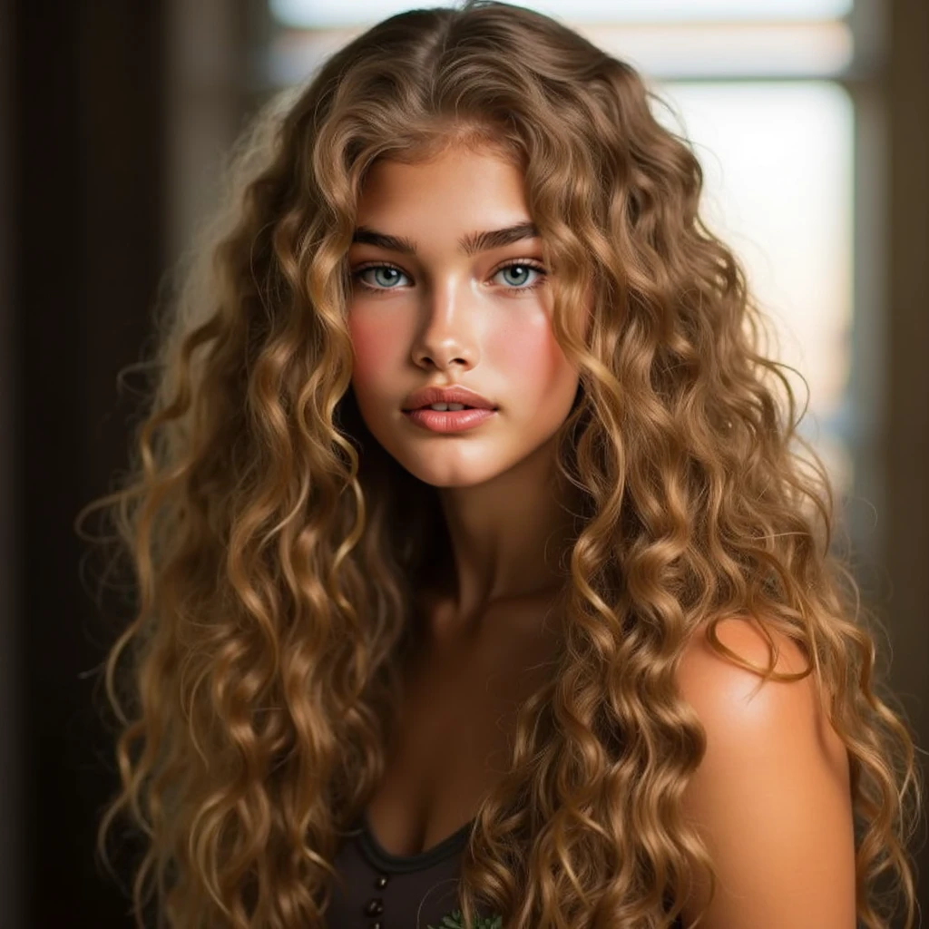 White skin girl with "Curly Lob with Volume on Top and Layers" hairstyle, completely naked and standing tall upfront.