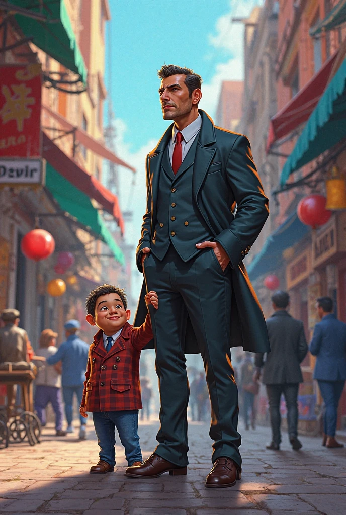 Peut tu me le refaire en couleur avec un homme qui espionne plus loin et un homme nain a cote du perso principal 