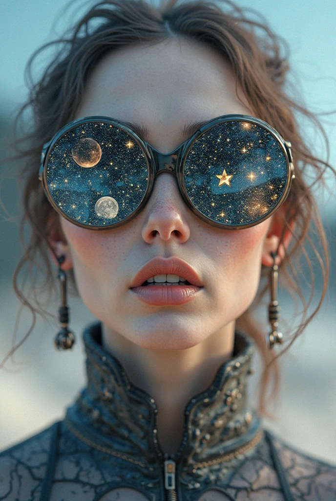 The model is wearing glass sunglasses with stars and the moon on the glass