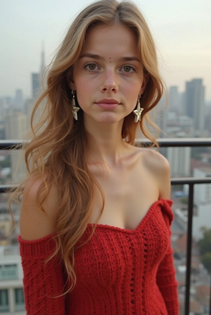 Beautiful white skin woman aged 20, long blond hair, green blue eyes, breasts ((85C)), thin face, small freckle, eyeline, mascara, slight smile, ((Lauren Burch)), ((sexy red outfit)), 4k, Ultra high resolution, ((Hyperrealism)), LUT from Instagram, Cinematic light, masterpiece, best quality, ultra-detailed, contrast, clear sky, on a balcony, at night, analog style (look at viewer:1.2) (skin texture) (film grain:1.0), (warm hue, warm tone)