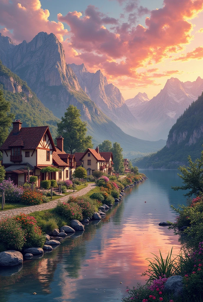 A small town by the river, mountains in the background, colorful floral flowers, detailed landscape, beautiful natural landscapes, atmospheric lighting, scorching sunset, warm colors, practical, photographic, detailed foliage, complex buildings, cobblestone street, charming country house, vibrant colors, lush vegetation, reflections in the water,  picturesque, idyllic, artwork, best quality, 8K, extremely detailed, anime style