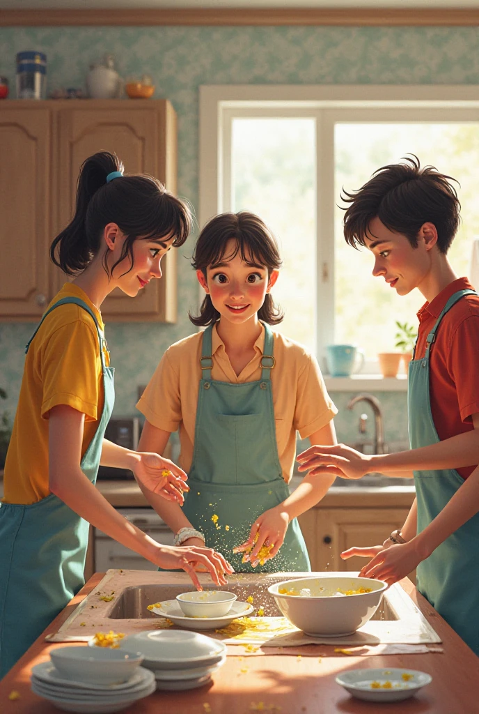 A 2 boy talking with his aunty in kitchen in full shot camera angle 