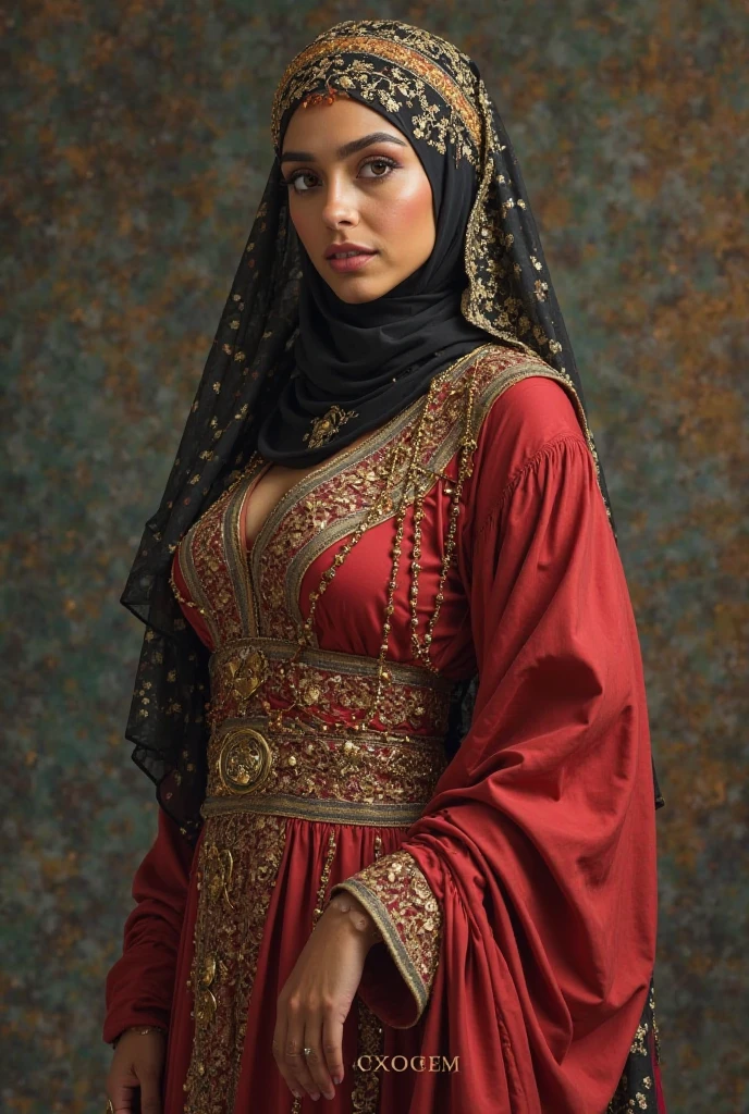 suadi arabia woman , black and red gypsy costume , fully body, beautiful and sensual woman 