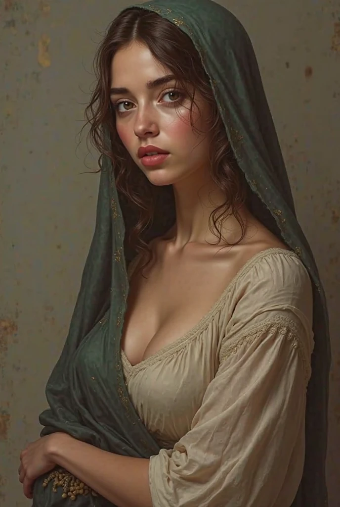 Create me a Maghrébine of 18/20 years old with quite realistic big breasts wearing the hijab 