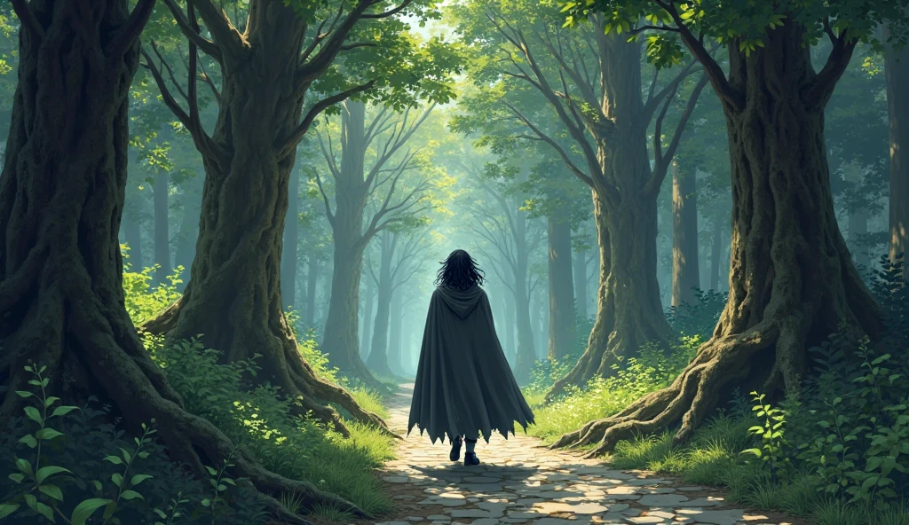 general plan of a young man walking alone on a stone path, surrounded by woods . has long hair, You see a dark gray cape, serious look
