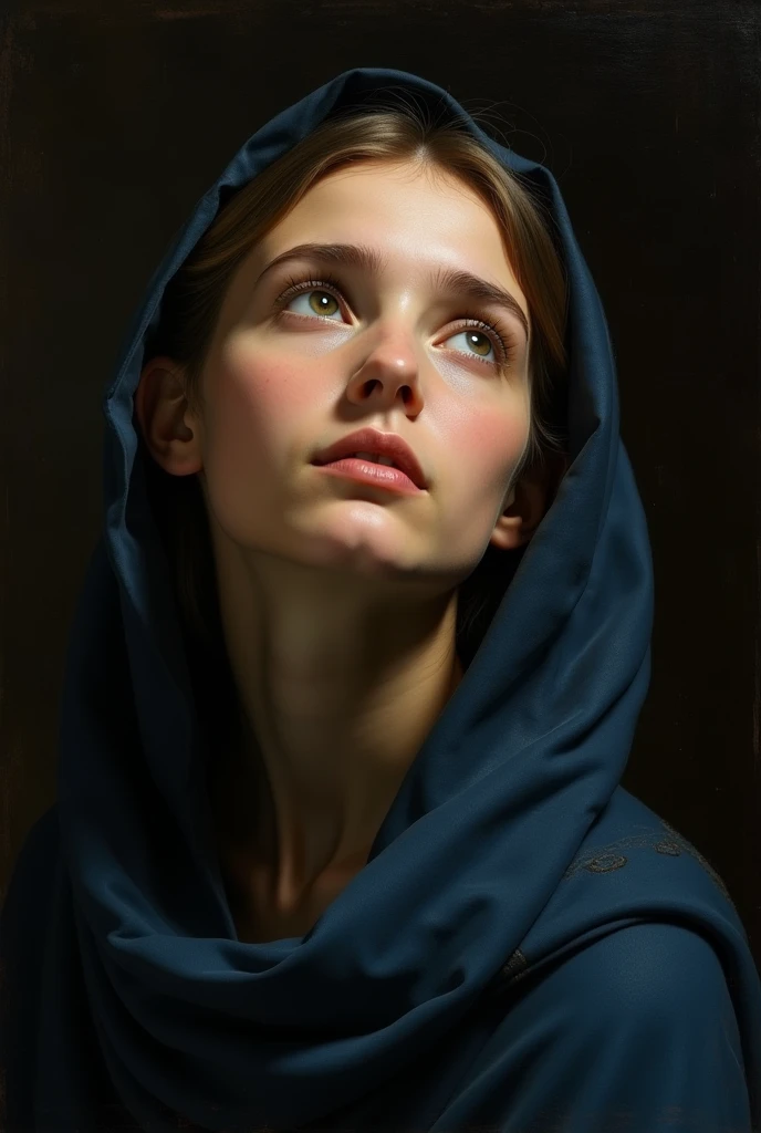 Portrait of a young woman in the spirit of the old masters of the 16th century (for example, Raphael, Titian, Bronzino). Girl with gentle features, dressed in a simple dark blue shawl, gently framing her face. Her eyes are fixed to the sky with an expression of deep emotion — prayers, sorrows. Light falls softly and diffusely, as in paintings by Venetian masters,  with cool tones . artistic style: Careful study of chiaroscuro, smooth color transitions, Realistic skin details (light rosy, translucency). Mood — thoughtful, sublime ,  a melancholic .