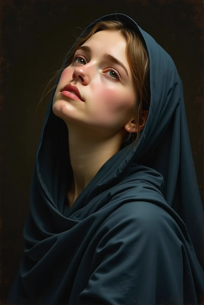 Portrait of a young woman in the spirit of the old masters of the 16th century (for example, Raphael, Titian, Bronzino). Girl with gentle features, dressed in a simple dark blue shawl, gently framing her face. Her eyes are fixed to the sky with an expression of deep emotion — prayers, sorrows. Light falls softly and diffusely, as in paintings by Venetian masters,  with cool tones . artistic style: Careful study of chiaroscuro, smooth color transitions, Realistic skin details (light rosy, translucency). Mood — thoughtful, sublime ,  a melancholic .