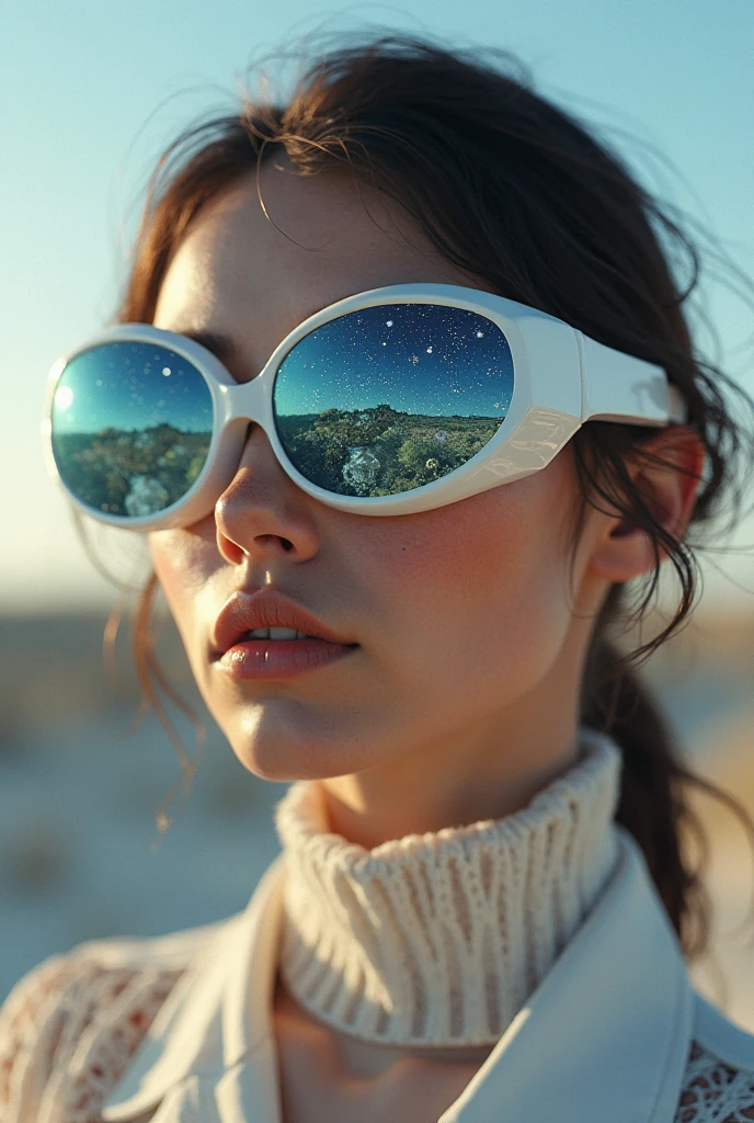 The model is wearing glass sunglasses with stars and the moon on the glass