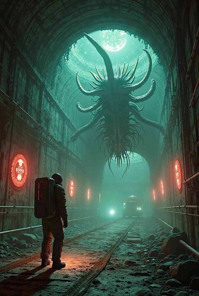 Interior of a decaying underground base on Enceladus, flickering emergency lights, metallic corridors, an astronaut holding a flashlight staring at a mist-filled room with strange alien symbols glowing on the walls, shadows forming monstrous shapes, gritty textures, sci-fi horror realism, cold color palette with red and green lighting, cinematic framing
biomechanical horror, hybrid of insect and cephalopod, unnatural proportions
fractal patterns, impossible geometry, star-filled void inside the body