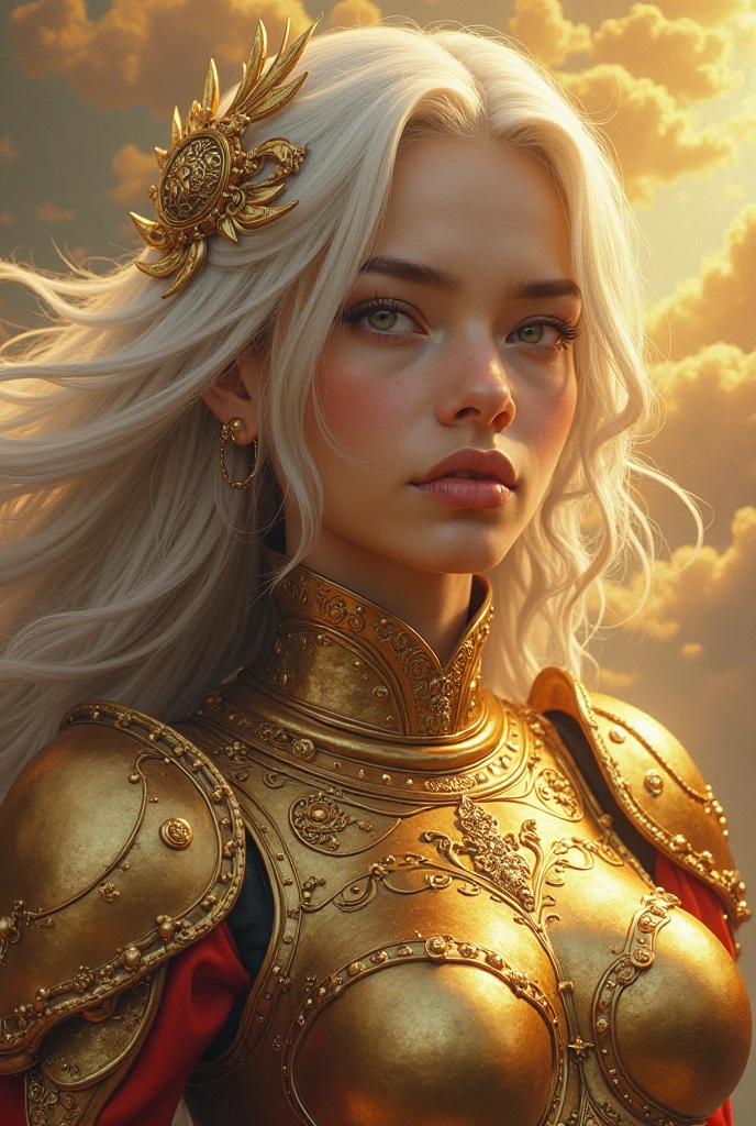 A combination of Albafica de Pisces and Kagaho de Benu, realistic portrait in 8K, face detailed with serious expression,  Porcelain skin , long, silky hair, gold armor with red details,  heavenly background with golden clouds , dramatic lighting, glow effects and divine rays, conceptual style, oil painting, High resolution, vibrant colors, photorealistic