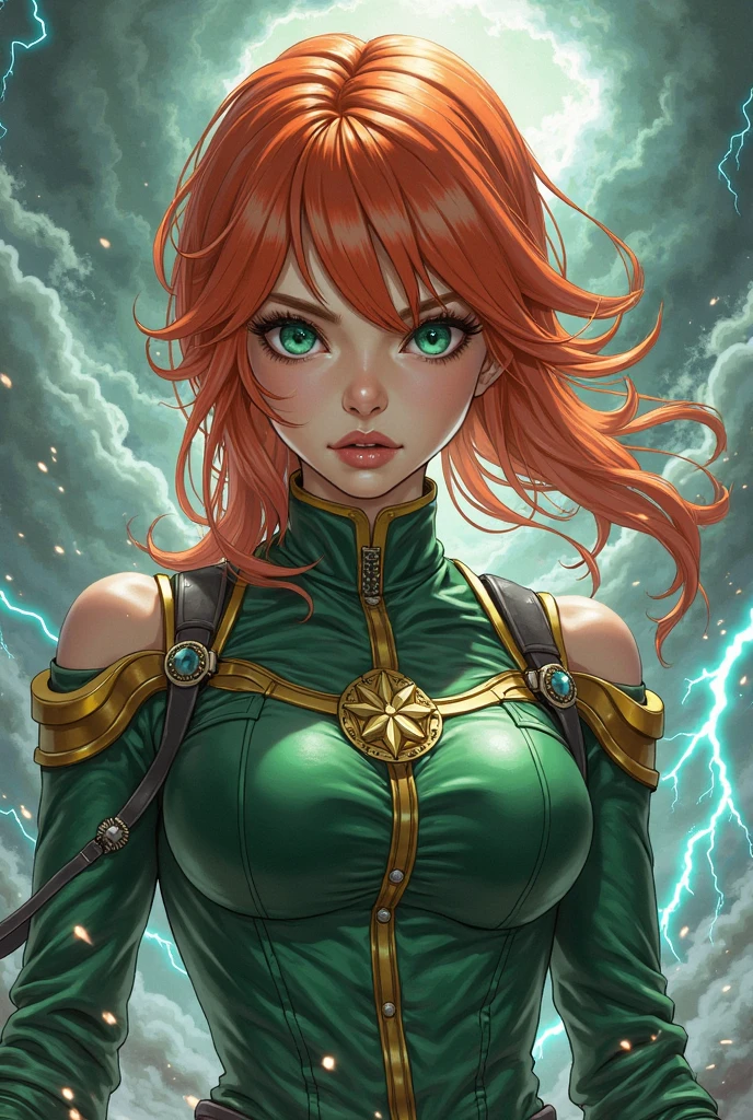 female anime character,23 anos,ORANGE hair,green eyes and white skin,green leather clothing with gold and blue details,With a storm behind ANIME 