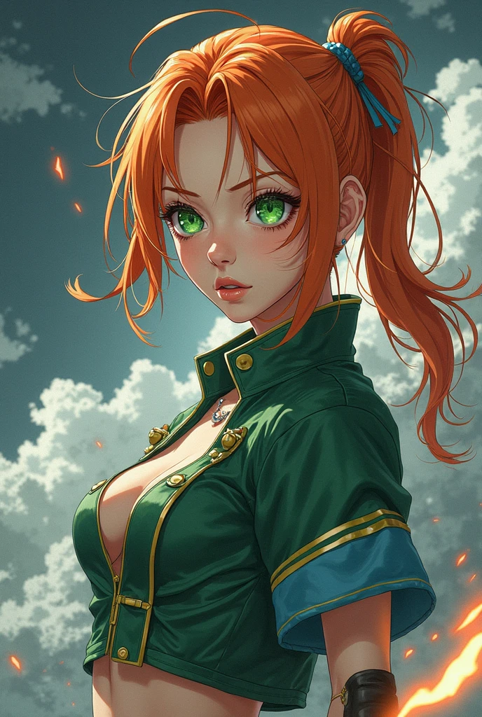 female anime character,23 anos,ORANGE hair,green eyes and white skin,green leather clothing with gold and blue details,With a storm behind ANIME 