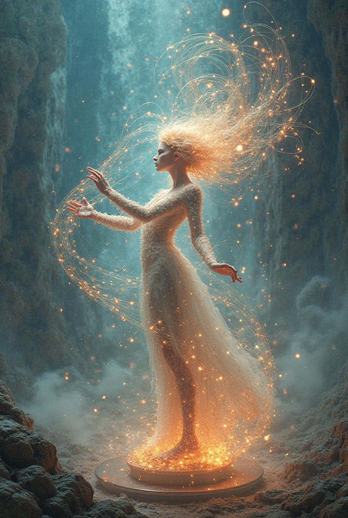 in style of Marie Laurencin, beautiful details,1 Beautiful girl standing in glowing text waves,Beautiful surreal, magic, orientalisme, (Kay Nielsen's (Kay Nielsen) Illustrations drawn by Ryan McGinley (Pipilotti Rist))