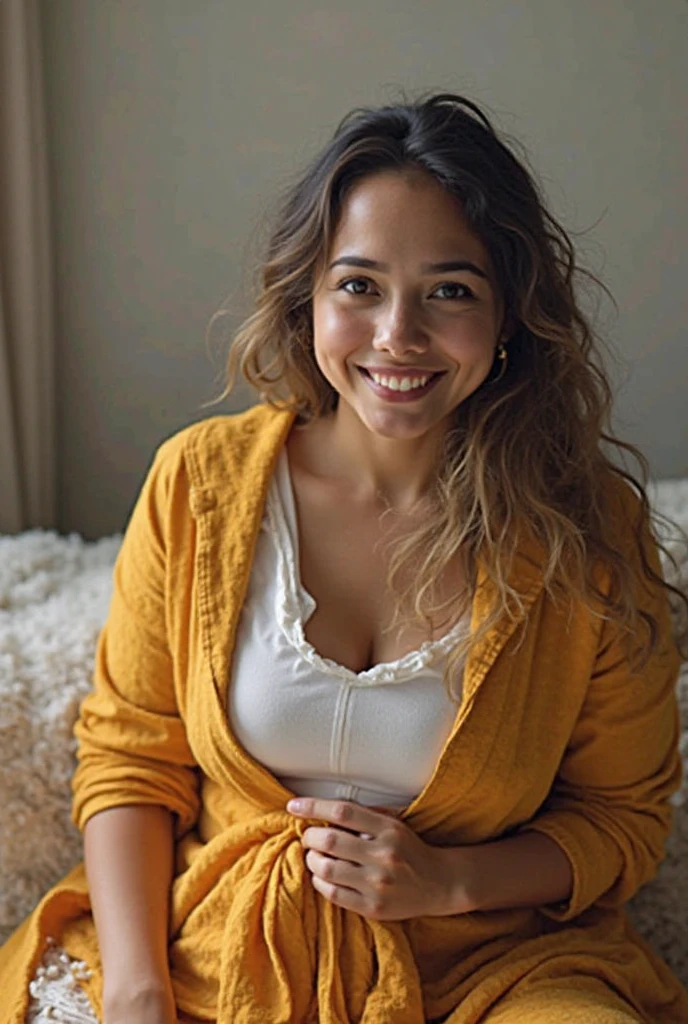 Portrait of brown female psychologist with office background in background, cabelo castanho, medium, com roupas claras