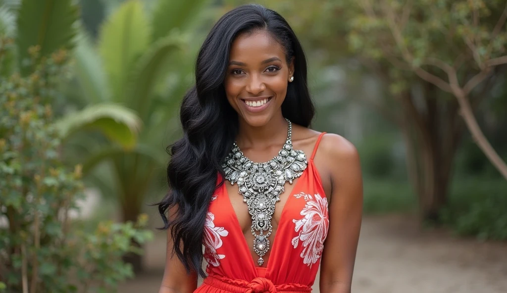 Realistic full body photo of a smiling, Young black girl with long hair, black skin, She dances in front of the camera in a long A-line bridesmaid dress with off-shoulder straps made of shiny red satin, Park,glamour fotoshooting, Wedding celebration, perfect anatomy, perfect brown eyes. Perfect hands with 5 fingers on each hand, Matching girl, looking at the camera, 1 Frau. (Eye make up:1.1), (highly detailed skin:1.1), spirit, analog style, keen focus, 8K UHD, dslr, good quality, Fujifilm XT3, Grain, Award-winning, masterpiece. Wedding celebration