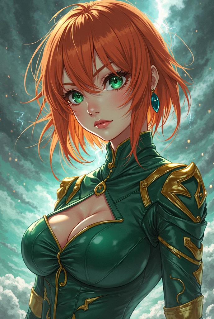 female anime character,23 anos,ORANGE hair,green eyes and white skin,green leather clothing with gold and blue details,With a storm behind ANIME 