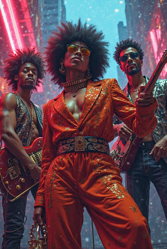 1970s, 2 beautiful multiracial women dancing, psychedelic atmosphere, cinematic action, masterpiece, super detail, textured skin, atmospheric perspective,
