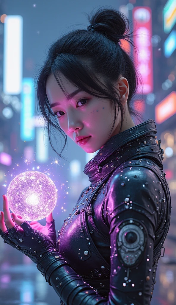 A striking hiperrealistic portrait of a Korean woman cyborg, exuding both strength and allure, set against a backdrop of shimmering, futuristic cityscapes. She is clad in a meticulously detailed steampunk combat suit—a fusion of sleek black leather and polished silver metallic accents—adorned with glittering crystals reflecting a spectrum of purple and lilac hues. Her face, framed by glowing cybernetic eyes and bearing a subtle warrior's scar, displays a determined gaze as she delicately holds a small, floating hologram sphere radiating a soft, ethereal light. The scene is bathed in cool purple and silver tones, punctuated by vibrant blue accents, creating a high-tech, mysterious atmosphere .