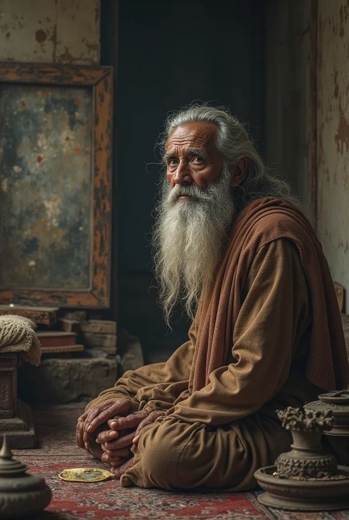 Realistic image of a sage showing the man dirty mirror ashram living room 