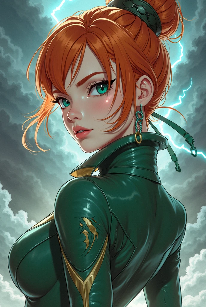 female anime character,23 anos,ORANGE hair,green eyes and white skin,green leather clothing With gold and blue details,With a storm behind ANIME 