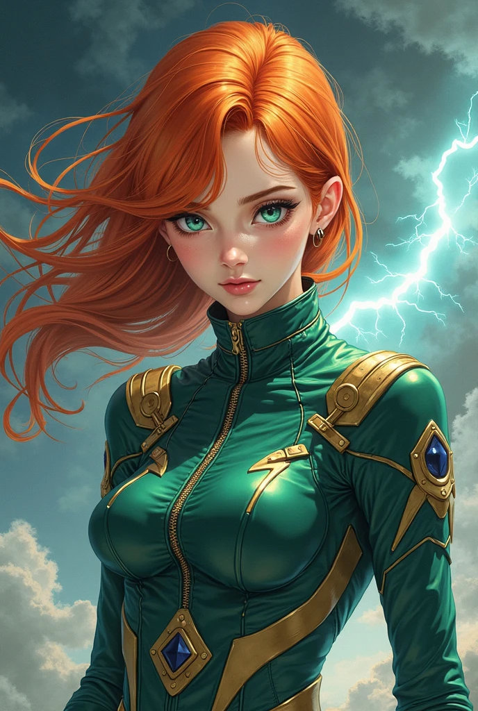 female anime character,23 anos,ORANGE hair,green eyes and white skin,green leather clothing With gold and blue details,With a storm behind ANIME 