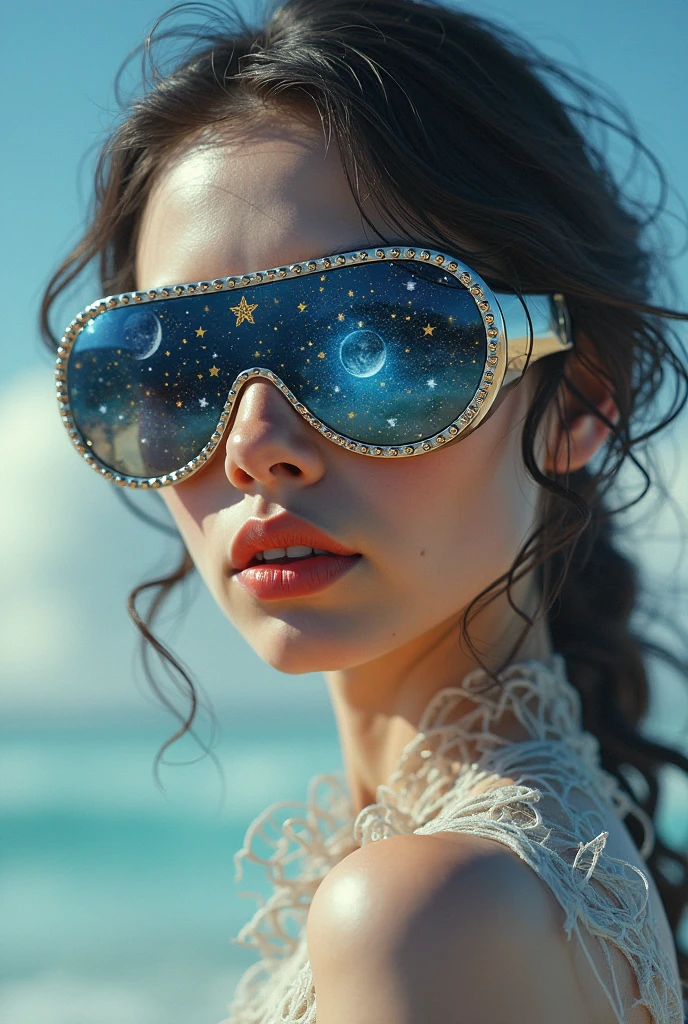 The model is wearing glass sunglasses with stars and the moon on the glass