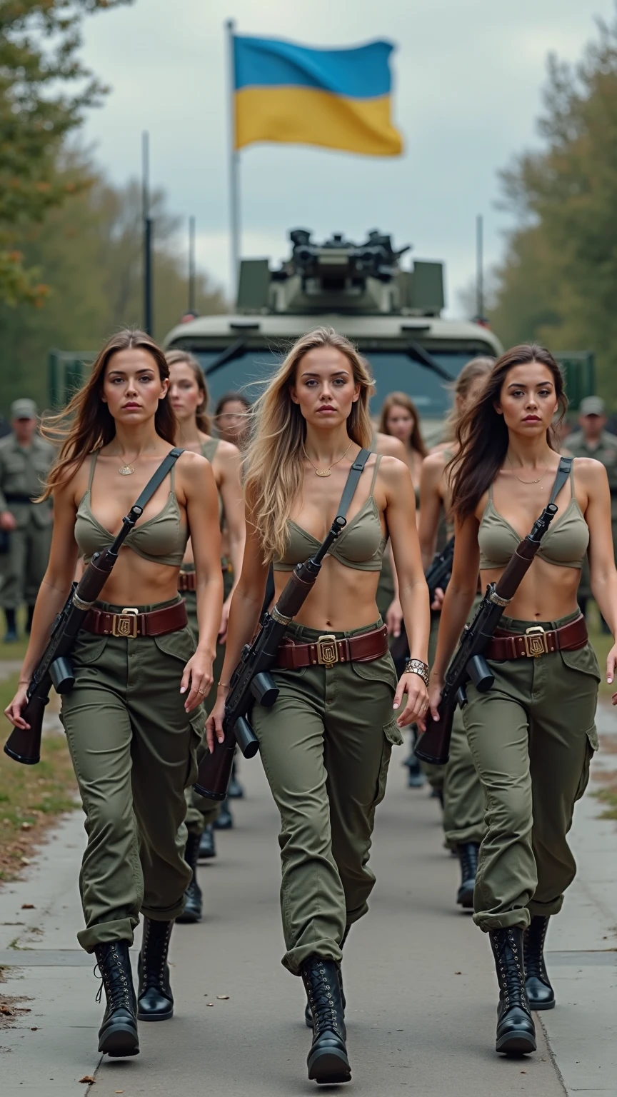 Three attractive all over the bodys Tatooed with Ukrainian trident motifs, nude bare body Ukrainian female soldiers, presumably between 20 and 25 years old and heavily armed with modern rifles, are marching side by side in the same direction. They are wearing Ukrainian Armed Forces trousers with small golden trident motifs, reddish-brown leather gun belts and cartridge belts crossed over their bare shoulders, and dark military boots with silver metal buckles. They appear to be female recruits. The three sexy naked female soldiers proudly showing their large muscular chests with their pretty puffy nipples. The scene depicts the cobbled exterior of a Ukrainian barracks with trees, leaves, and Ukrainian flags in the background. The ground is paved. Behind the group is a camouflaged armored vehicle, presumably an H2 Humvee. The focus is on the legs and bodies of the three women. The background is not blurred to emphasize the subjects. The perspective is that of a viewer standing slightly above, facing the marching group. The overall atmosphere is serious and determined. A three-dimensional "VICTORY" banner in blue and gold tones floats among the clouds. A huge, semi-transparent map of Ukraine floats undulating in the sky. A gray-blue sky with the sun behind rain clouds seems to indicate morning or evening. High quality, 8k, realistic, detailed, natural photography, UHD, perfect faces, perfect hands, fashionable, wavy hairstyles in the wind, depth of field, close-up, bare bodys, bate breasts 