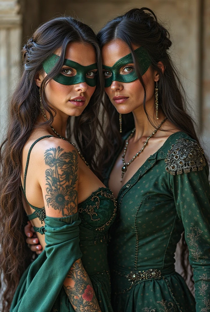  Couple femme robe mariage celle de gauche tatouée  cheveux long frisée , celle de droite cheveux au epaules avec un masque heroine et yeux vert , au milieu un staff noir 

Fond requin et signe avengers 

