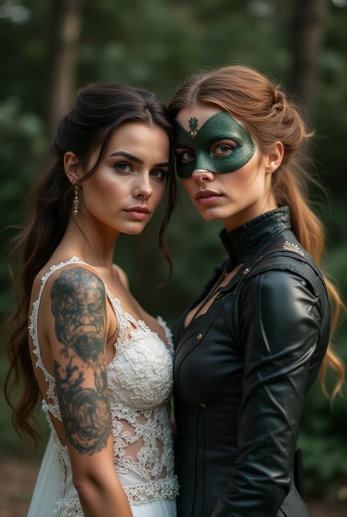  Couple femme robe mariage celle de gauche tatouée  cheveux long frisée , celle de droite cheveux au epaules avec un masque heroine et yeux vert , au milieu un staff noir 

Fond requin et signe avengers 

