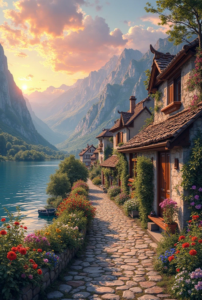 A small town by the river, mountains in the background, colorful floral flowers, detailed landscape, beautiful natural landscapes, atmospheric lighting, scorching sunset, warm colors, practical, photographic, detailed foliage, complex buildings, cobblestone street, charming country house, vibrant colors, lush vegetation, reflections in the water,  picturesque, idyllic, artwork, best quality, 8K, extremely detailed, anime style