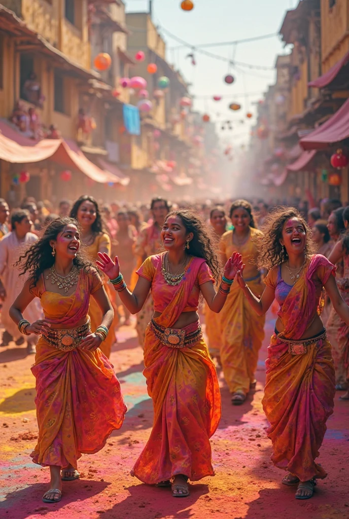 People playing, dancing and playing drums during holi
