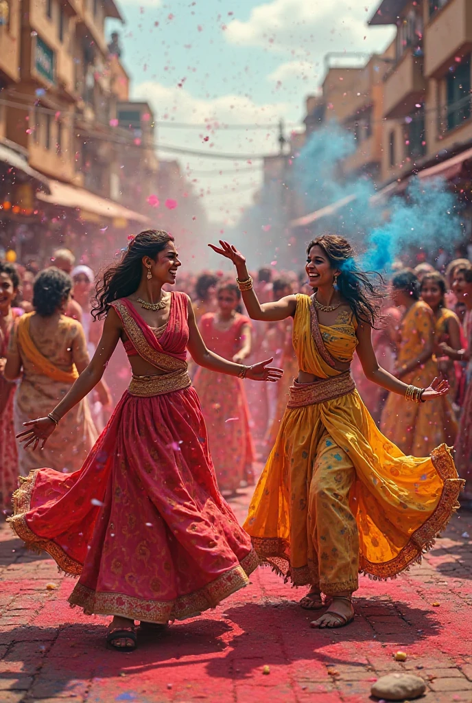 People playing, dancing and playing drums during holi