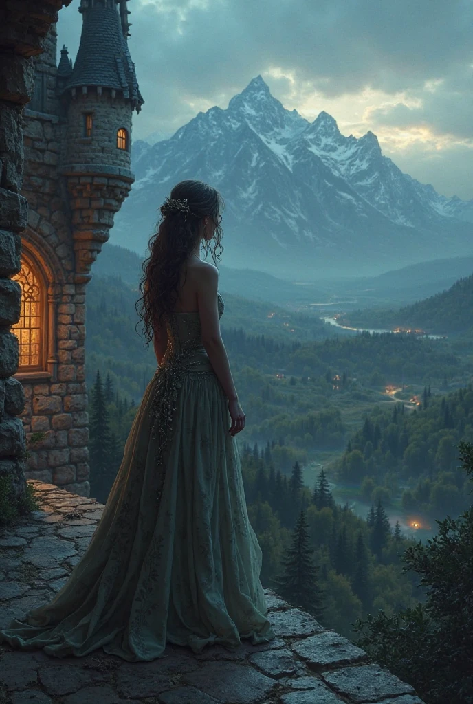 A princess watching a dark nostalgic medieval fantasy world from her castle