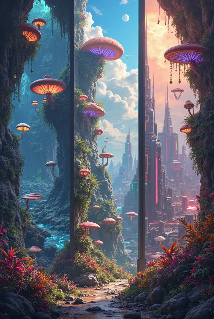 creates the image of 3 fictional worlds from stories like the underworld, Mushroom World and Cyberpunck 4K