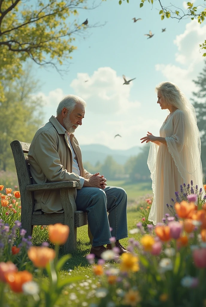 a middle-aged man, wearing a light coat, sitting on a rustic wooden bench in a lush garden during spring. Around you, colorful flowers (like tulips,  lavenders and daisies ) desabrocham, and birds sing perched on branches or flying under a bright blue sky with soft clouds. Two protective spirits, looking human but wrapped in a subtle and translucent aura, Are by your side: one of them is a woman with a calm face, with flowing dress , who places a comforting hand on her shoulder; the other is an older man, of wise expression, who observes the horizon in silence. The man in the seat is thoughtful, with her eyes lowered and her hands joined, while a gentle breeze moves leaves around.  The atmosphere transmits peace , nostalgia and a touch of subtle magic. Video must be hyperrealistic 