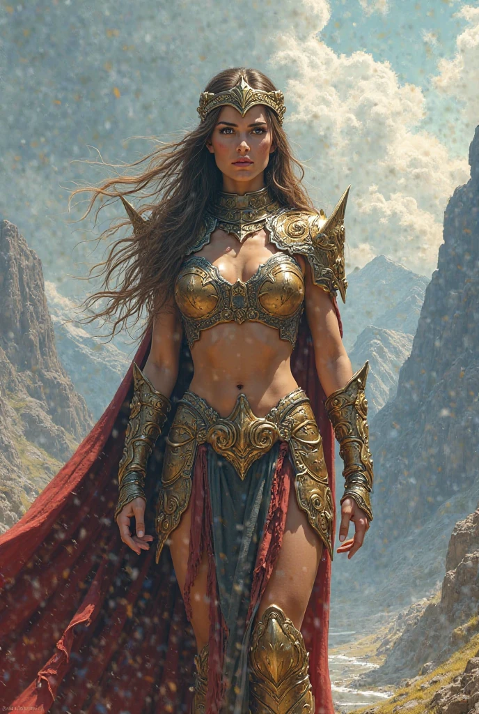 Surreal art of a beautiful woman embodying the goddess of the sky, standing on an ancient ruin wall, her long brown hair with bright golden locks fluttering in the stormy air as the spectacular setting sun paints the sky with red clouds. Dark clouds intertwined with lightning and a gentle drizzle, watercolor style masterpiece with an effect that creates a stormy sky, transparent swimsuit underwear, ancient Greek city blurred in the distance, ancient city in the distant fog, girl on high mountain to see the valley, goddess dressed in gold jewelry, a girl from the front looking to the side, poses on a stone wall covered with ivy, stands on a stone wall, 8k resolution, high quality art, pose of a lady in motion, elegant, high quality film poster, overexposure of elements, fracture, girl on high mountain observing the distant valley,