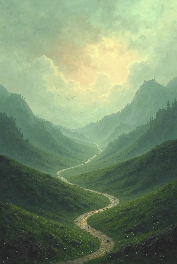 It generates an image of a landscape with a surreal style that includes muted colors and where the love I feel for a person is transmitted