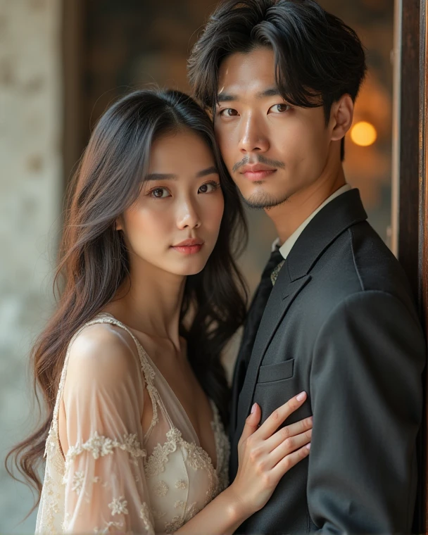 A waist-up shot of a couple posing for a photo, cute asian couple, Korean beauty, a woman and a man, realistic, masterpiece, asian couple, sexy couple 